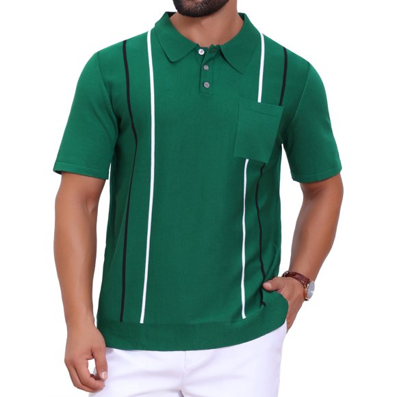 CAMISA POLO DE PUNTO PARA HOMBRES BACK TO SCHOOL INSPIRE CHIC CON RAYAS VERTICALES Y BOLSILLO EN EL PECHO, MANGA CORTA, ESTILO CASUAL PARA GOLF, VERDE