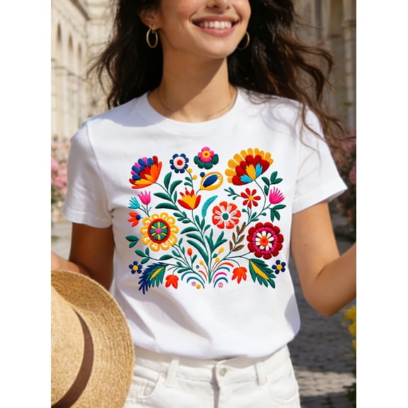 Mexican Color Floral Fiesta Letter Print T-shirt, Casual Short Sleeve Crew Neck Top Women's Clothing