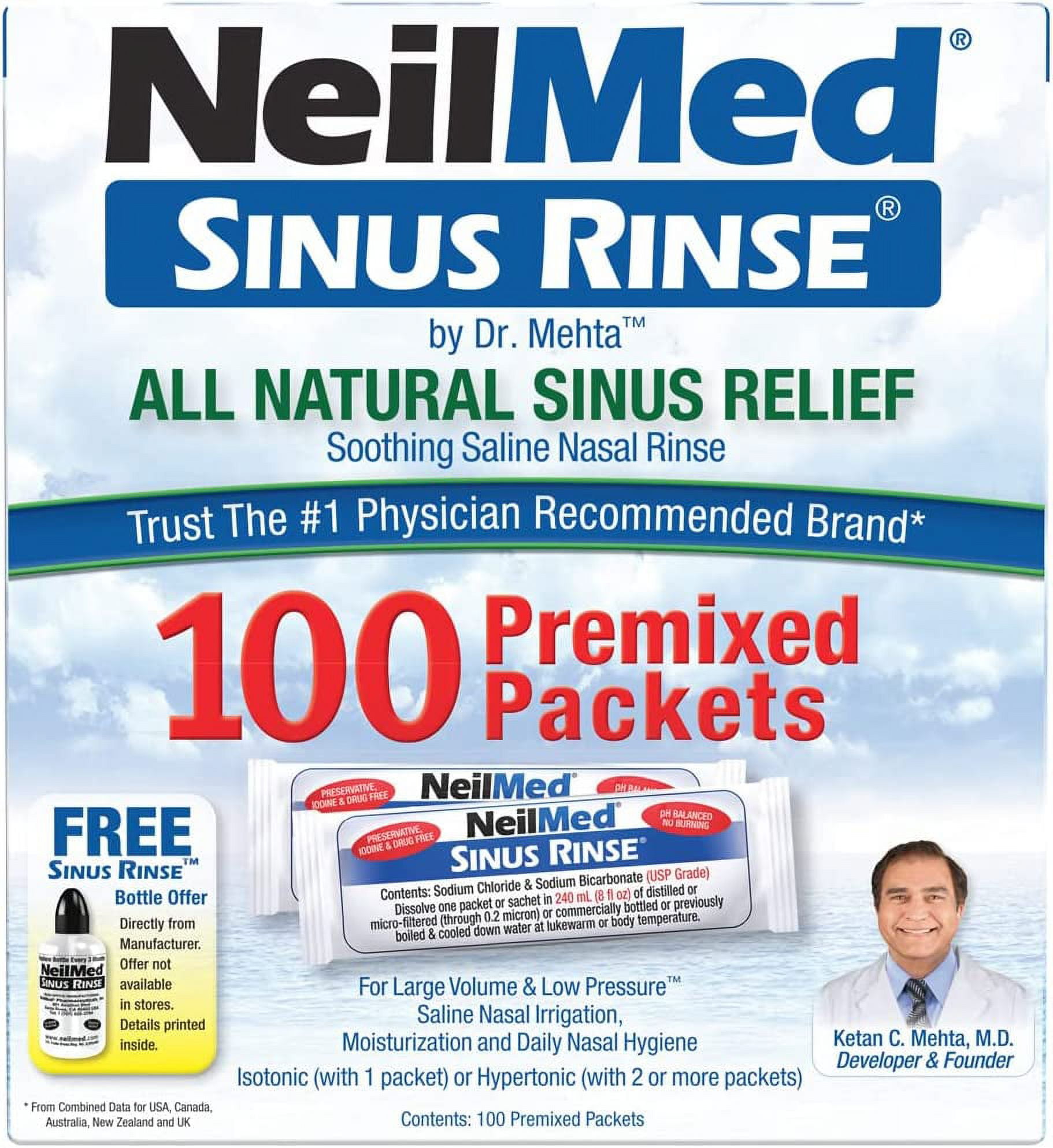 NeilMed Sinus Rinse All Natural Relief Premixed Refill Packets 100 Count (Pack of 1)
