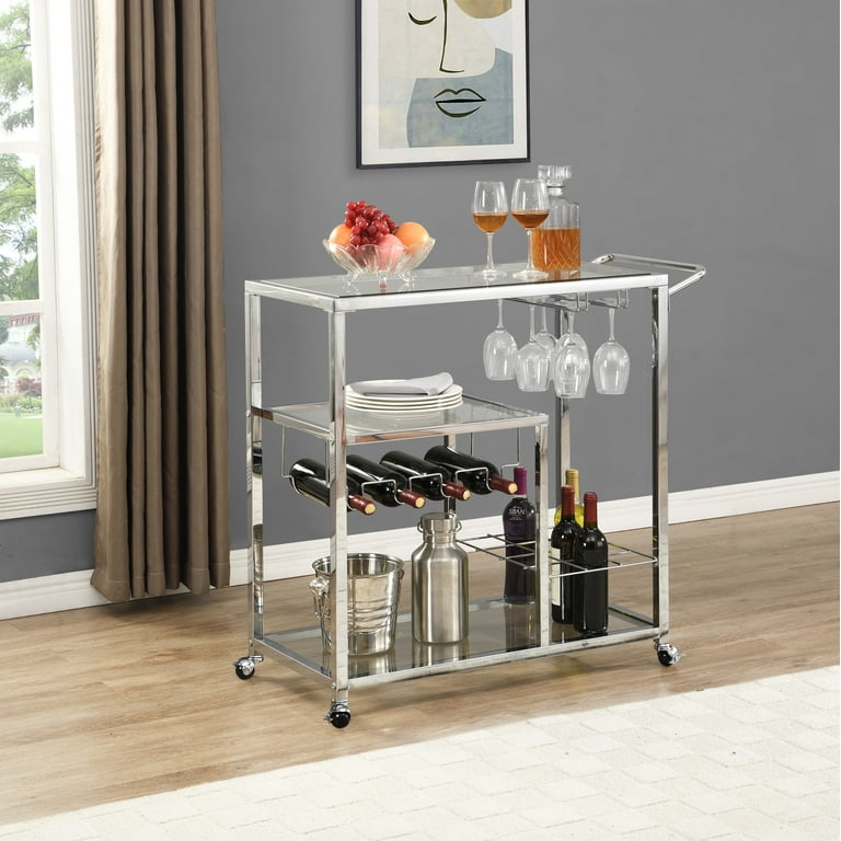  QSSLLC 3-Tier Bar Cart Glass Kitchen Serving Cart with  Lockable Wheels, Handle, Wine Rack and Glass Holder, Metal Storage Carts  for Home Kitchen Bar, Silver - Standing Baker's Racks