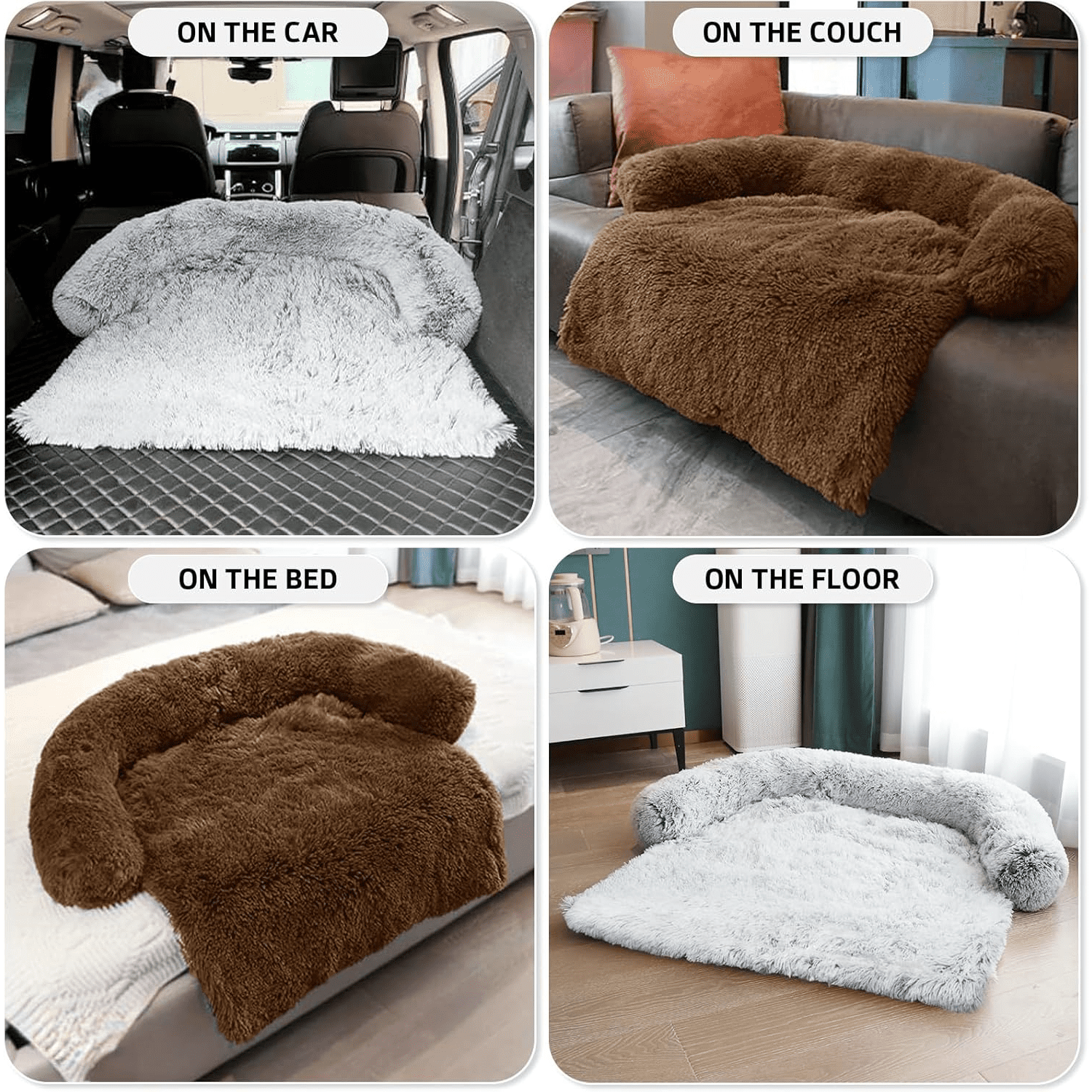 Dog Bed Fluffy Plush Dog Mat for Furniture Protector with Removable Washable Cover for Large Medium Small Dogs and Cats (Large, Brown)