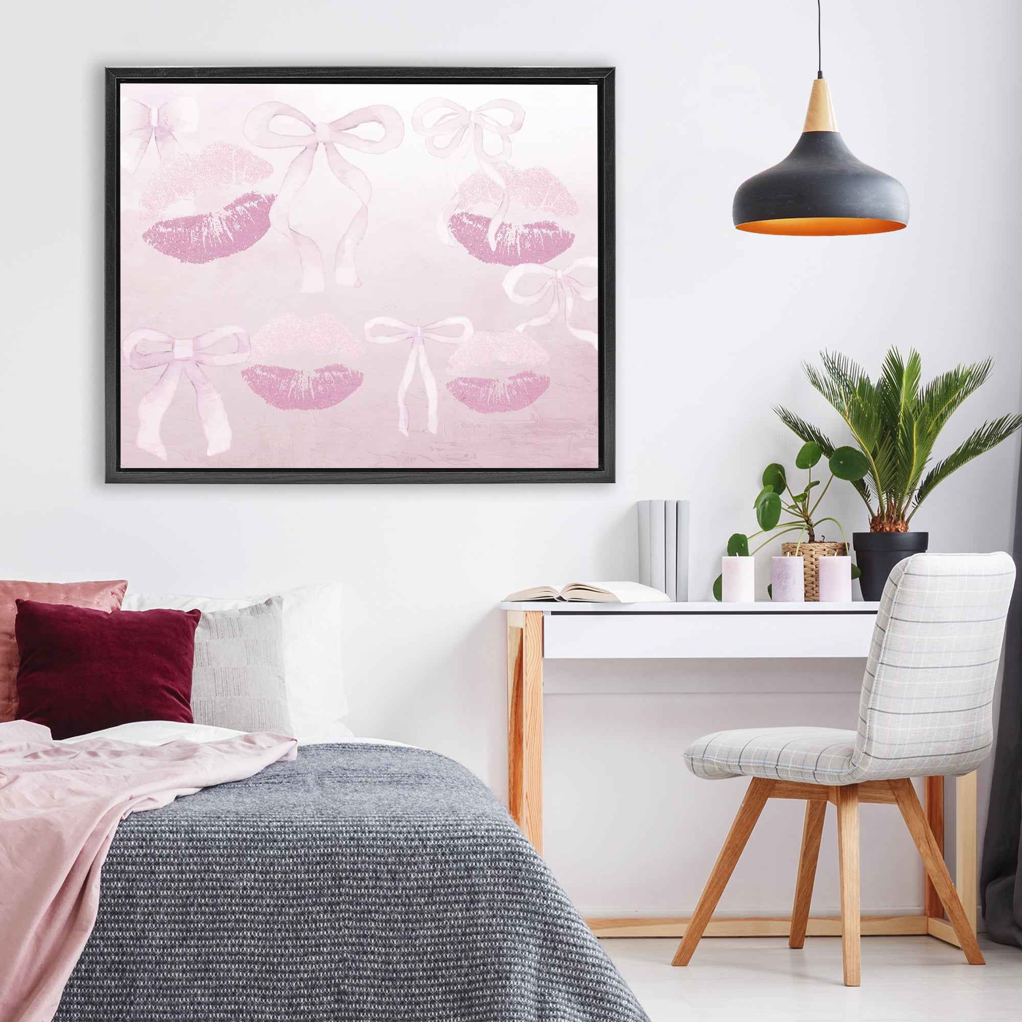Dreamy Bows & Lips Black Framed Floater Canvas Wall Art, design by Kim Allen