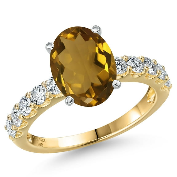 Gem Stone King 14K Two Tone Gold Whiskey Quartz and Lab Grown Diamond Engagement Ring for Women | 3.65 Cttw | Oval 11X9MM | Gemstone Birthstone | Size 9
