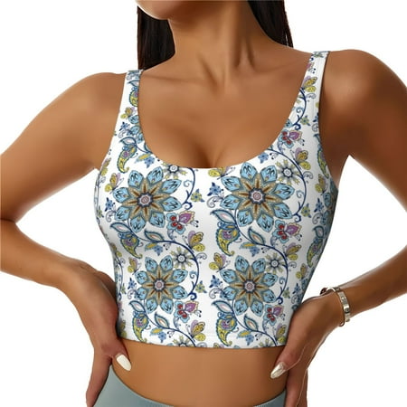 Jgfou Flowers and Butterflies Print Womens Sports Bra - Padded Workout Sports Bras Crop Tank Top