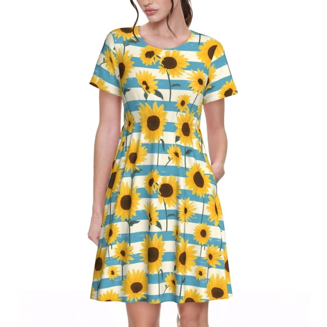 Fotbe White Blue Striped Sunflower Vestido Largo de Moda para Mujer, Vestido Tipo Camiseta con Manga Corta y Estilo Casual a Rayas y Bloques de Color