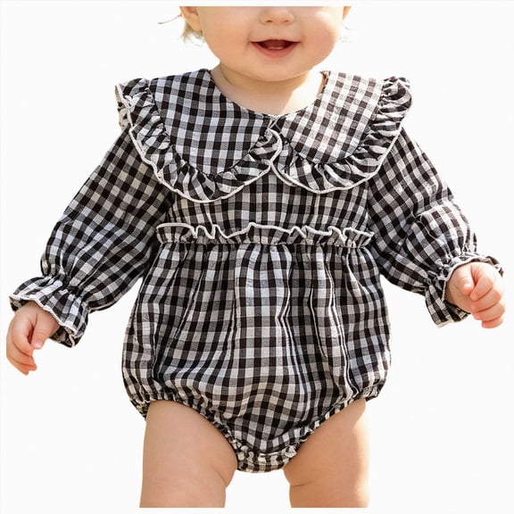 Gerichy Infant Baby Girl Plaid Romper Baby Bubble Romper Ruffle Clothes Fall Winter Outfits with Headband 0-18 Months