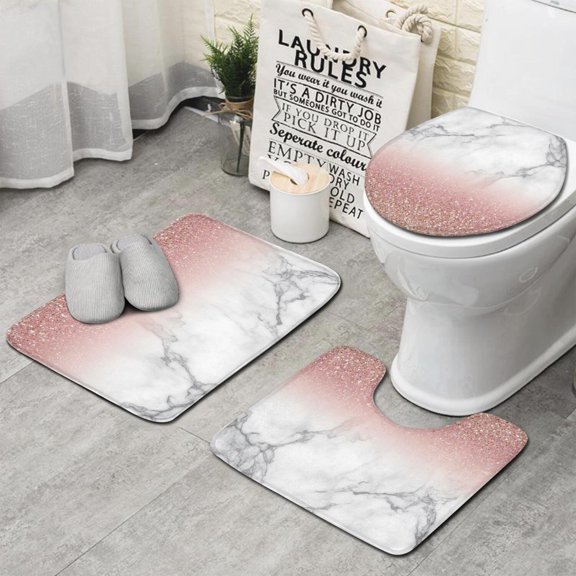 Pink Glitter White Marble Pattern Bathroom Rugs Sets 3 Piece,Toilet Cover Set,Absorbent Non Slip Bathroom Mats Sets with U-Shaped Contour Rug Toilet Rug Set