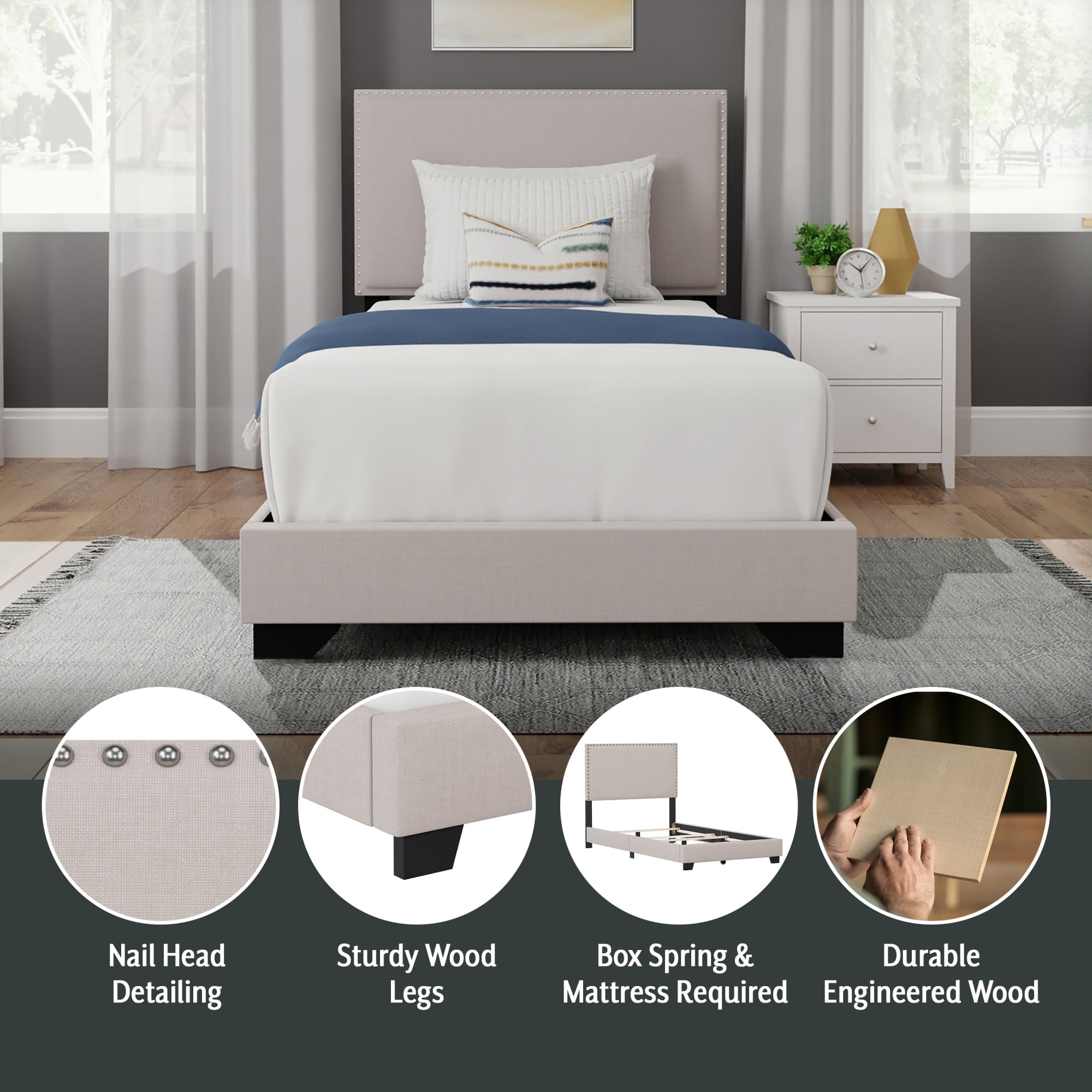 Willow Nailhead Trim Upholstered Twin Bed, Fog