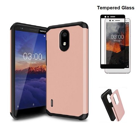 Phone Case for AT&T PREPAID Nokia 3.1 A Prepaid Smartphone / Nokia 3.1C, Hybrid Shockproof Slim Hard Cover Protective Case + Tempered Glass (Rose