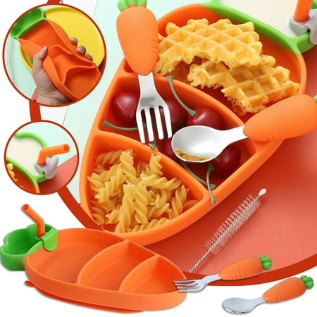 

EKOUSN Black and Friday Deals Children s Silicone Dinner Plate Carrot Stainless Steel Fork And Spoon Tableware Set Baby Baby Food Supplement Divided Plate