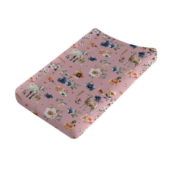 Watercolor Goat Boho Floral Changing Pad Covers Highland Goats Lamb Wildflowers Leaves Pink Diaper Changing Table Sheets for Girl Summer Soft Stretchy Baby Change Table Mats 32''x16''