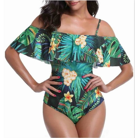 Women 1 Piece Off-Shoulder Flounce Monokini Swimwear Green Leaves Printing, Small