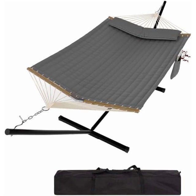 Ensemble de Hamacs pour 2 Personnes à Cadre en Acier avec Support, Capacité Robuste de 450 Lb, Conception en Polyester Matelassé et Filet, Comprend un Sac de Rangement - pour Cour Arrière, Patio, Camping