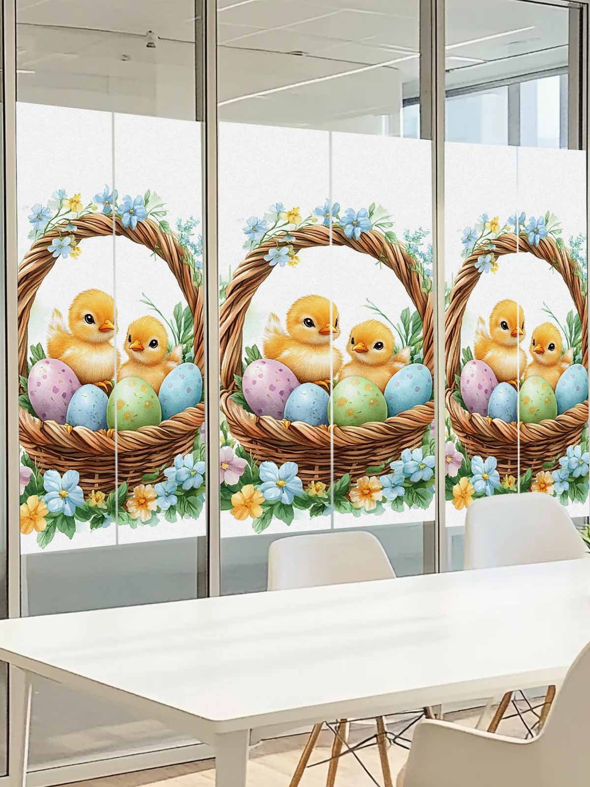 Easter Basket Chick Window Privacy Film, Watercolor Purple Blue Eggs Spring Blue Floral Leaf Frosted Glass Window Clings Static Cling UV Heat Blocking Reusable Door Sticker for Bedroom 23.6x78.7 Inch