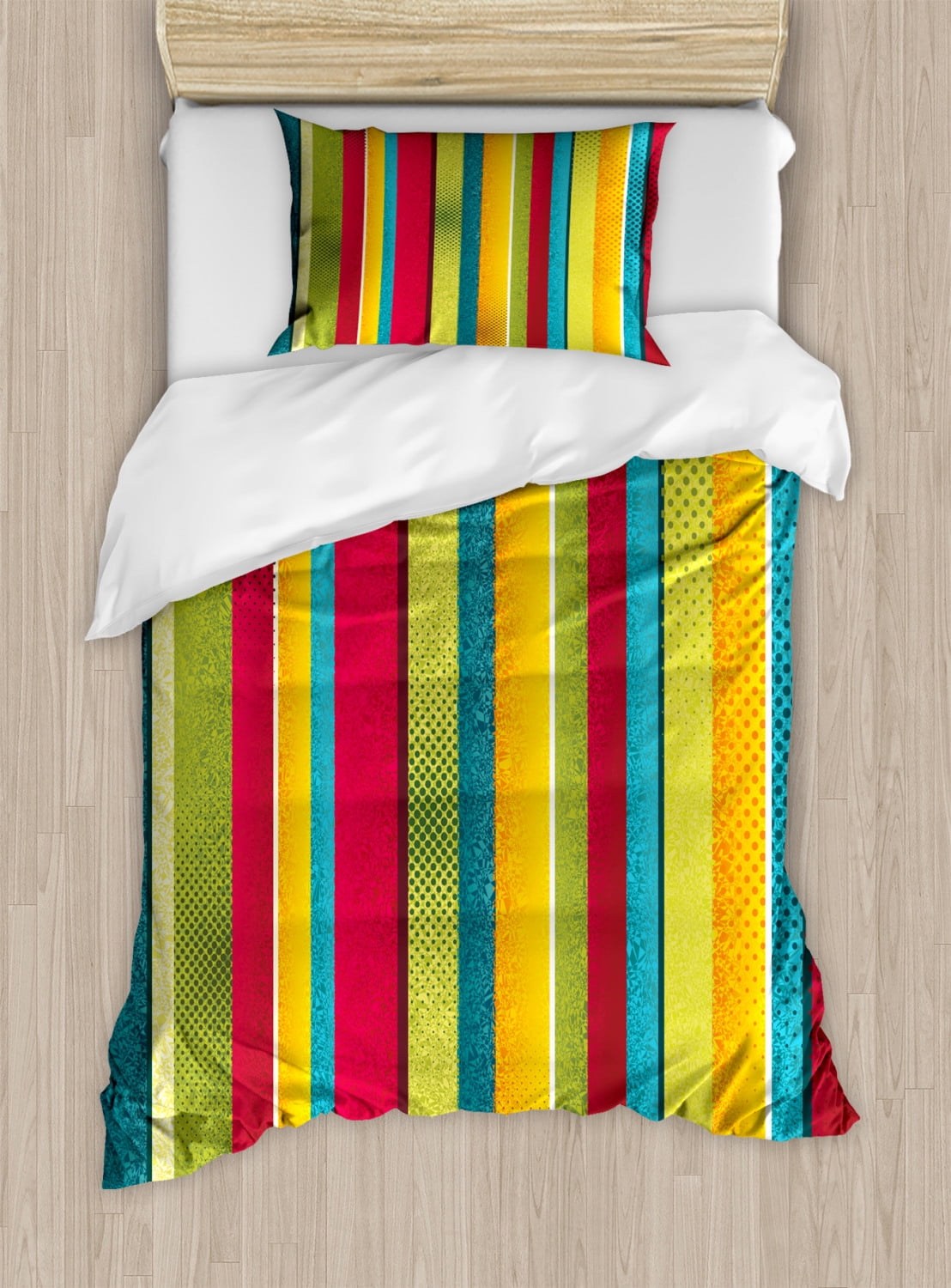 Vintage Rainbow Twin Size Duvet Cover Set, Ragged Aged Vertical Stripes