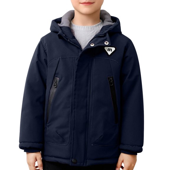 WRKEKC Kids Puffer Jacket Multi Cargo Pocket Hooded Full Zip Fleece Lined Thick Warm Long Sleeve Outdoor Outer Coats for 4-14 Years
