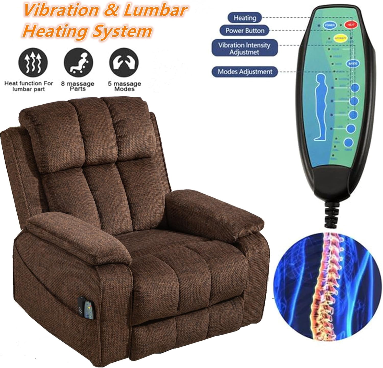 Oversized Lifting Recliners for Seniors, Extended Footrest, Big and Tall Recliners 400 lbs Lay Flat Recliner with Heat & Massage Side Storage Cup Holder, USB Type C Charging for Elderly Relaxing