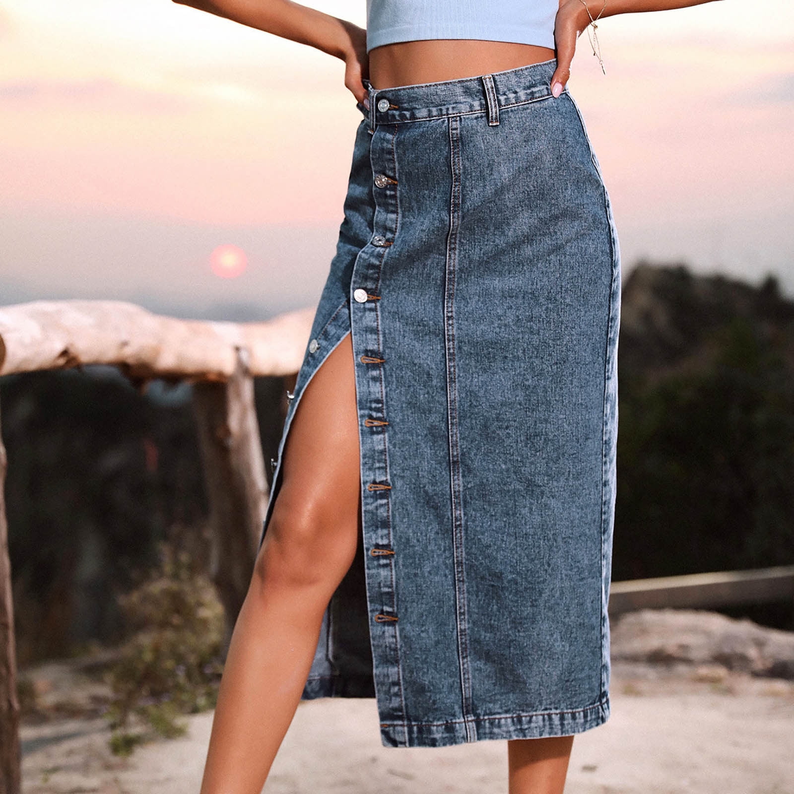 DxhmoneyHX Women s Retro High Waisted Button Up Side Split Denim Skirt Walmart