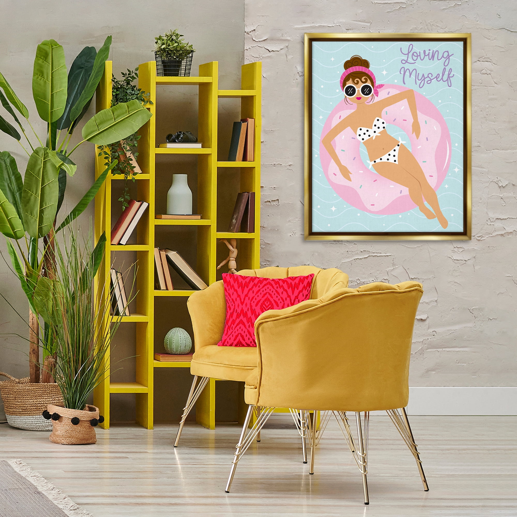Stupell Industries Loving Myself Girl in Pool People Painting Gold Floater Framed Canvas Art Print Wall Art, 25 x 31