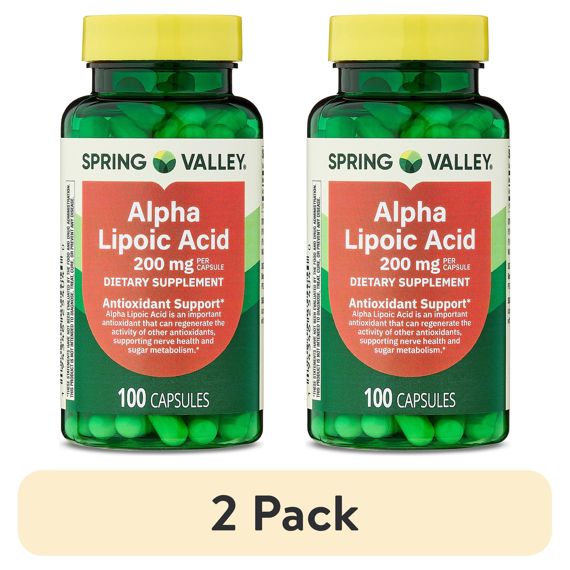 (2 pack) Spring Valley Alpha Lipoic Acid, Antioxidant Support, Dietary Supplement, 200mg Capsule, 100 Count