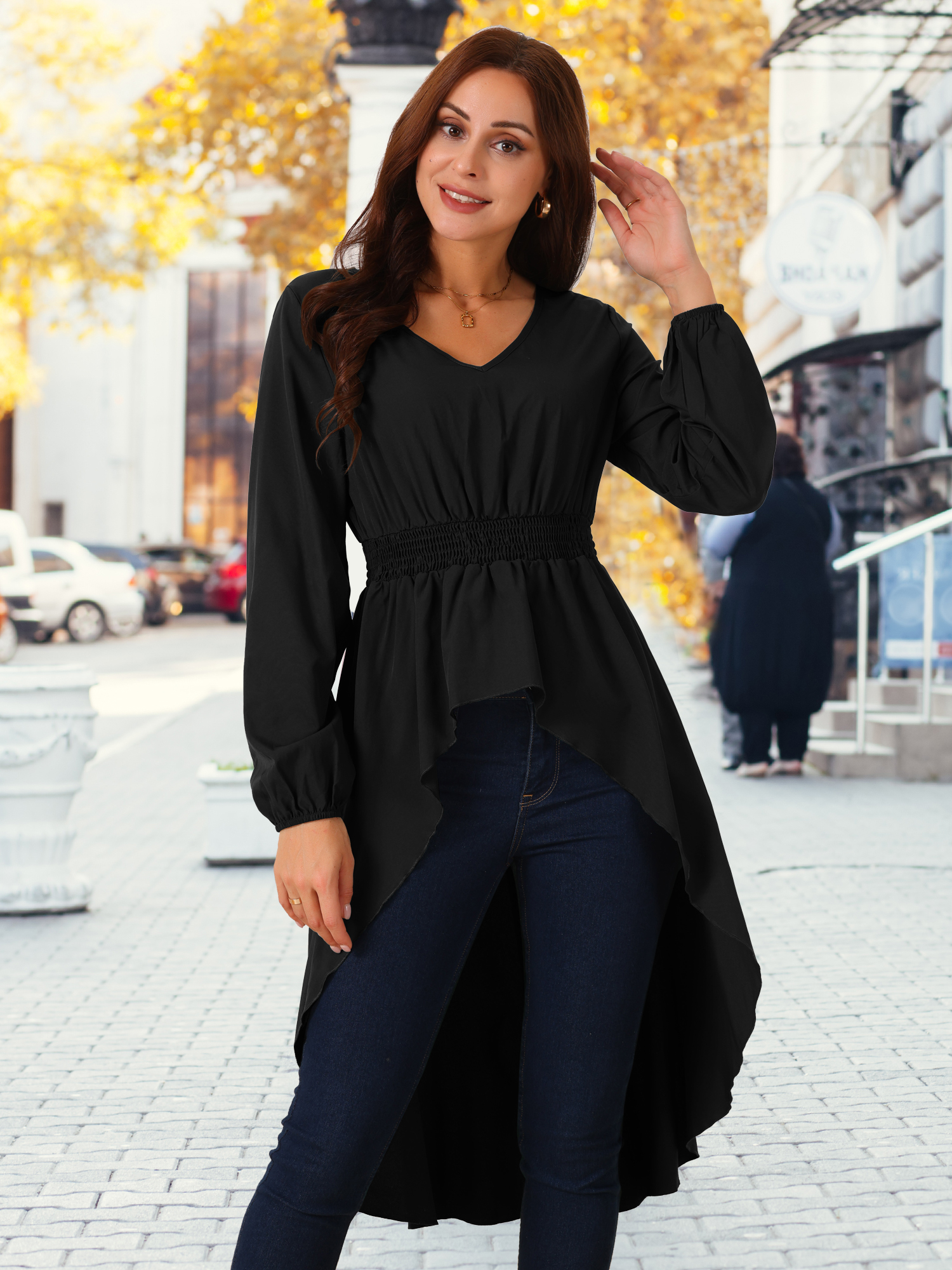 DARING DIVA Women's High Low V Neck Long Sleeve Dressy Blouses XL Black