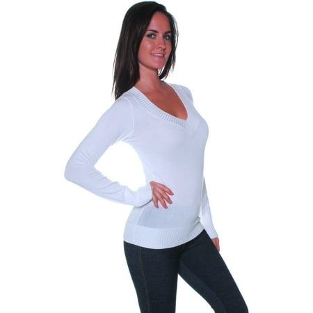 Neck Kit - Emmalise Women's Basic All Occasion V Neck Knit Sweater Long Sleeves - Junior Sizing