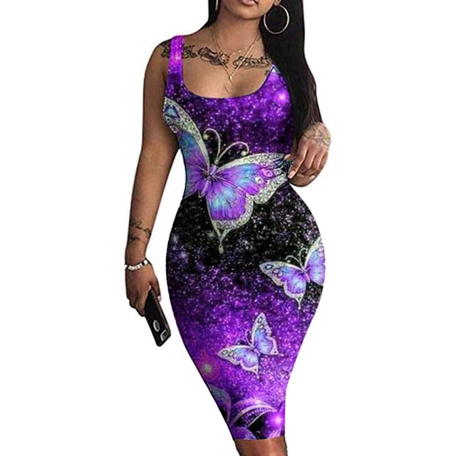 Lenago Robes Grande Taille pour Femmes 2023 Invitée de Mariage Mode Femme Décontractée Été Sans Manches Épaules Dénudées Imprimé Robe à Col Rond Robes d'Été de Plage en Liquidation