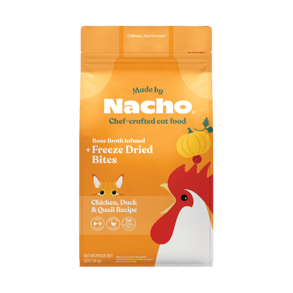 Made by Nacho Dry Cat Kibble with Freeze Dried Raw Chicken Livers Pieces, Cage-Free Chicken, Duck & Quail Recipe, High Protein and Grain Friendly Premium Cat Food, 3lb Bag