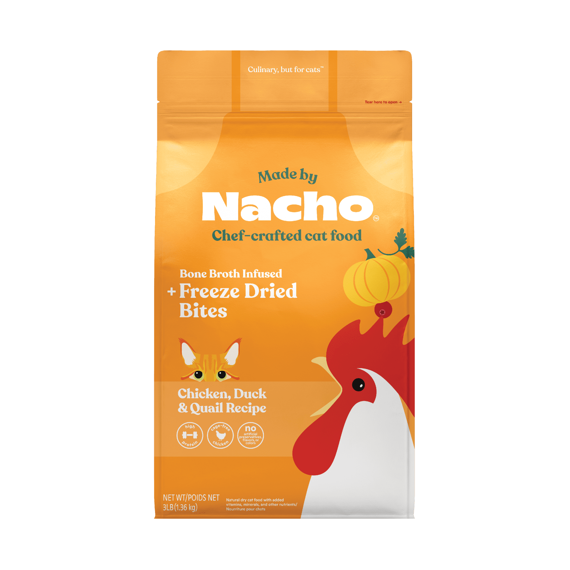 Made by Nacho Dry Cat Kibble with Freeze Dried Raw Chicken Livers Pieces, Cage-Free Chicken, Duck & Quail Recipe, High Protein and Grain Friendly Premium Cat Food, 3lb Bag
