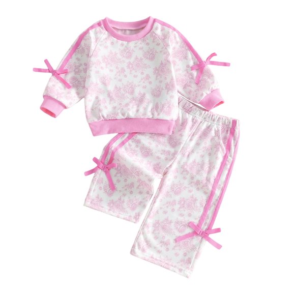 Ulanda Baby Girl Clothes Fall Winter Toddler Girls Outfits Long Sleeve Ruffle Printed Bows Shirt Pants 2 Piece Clothing Set (Pink, 12-18 Months)