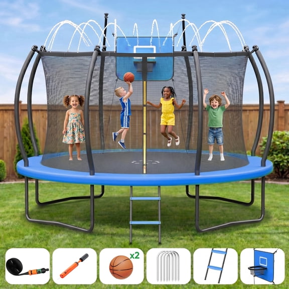 Outdoor Trampoline,Gardwin 12FT/14FT Round Trampoline with with Ladder,Sprinkler,Basketball Hoop Board,Recreational Backyard Trampolines Anti-Rust for Kids Gift