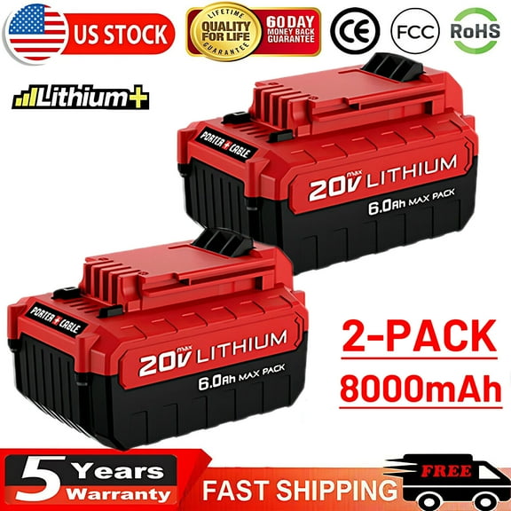 2PACK 8.0Ah 20 Volt Lithium-ion Battery for PORTER CABLE 20V Max PCC685L PCC680L