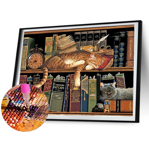 Cuadros Decorativos 5D Kit Rhinestone Imágenes DIY Libro Estante Gato Completo Taladro Cuadrado Pintura Diamante Tmvgtek embutido en tela