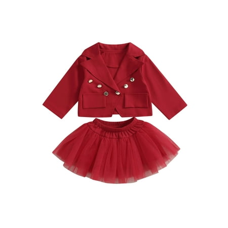 

AMILIEe 2 Pieces Toddler Baby Girls Suit Set Solid Color Lapel Long Sleeve Single-Breasted Coat+ Tulle Skirt