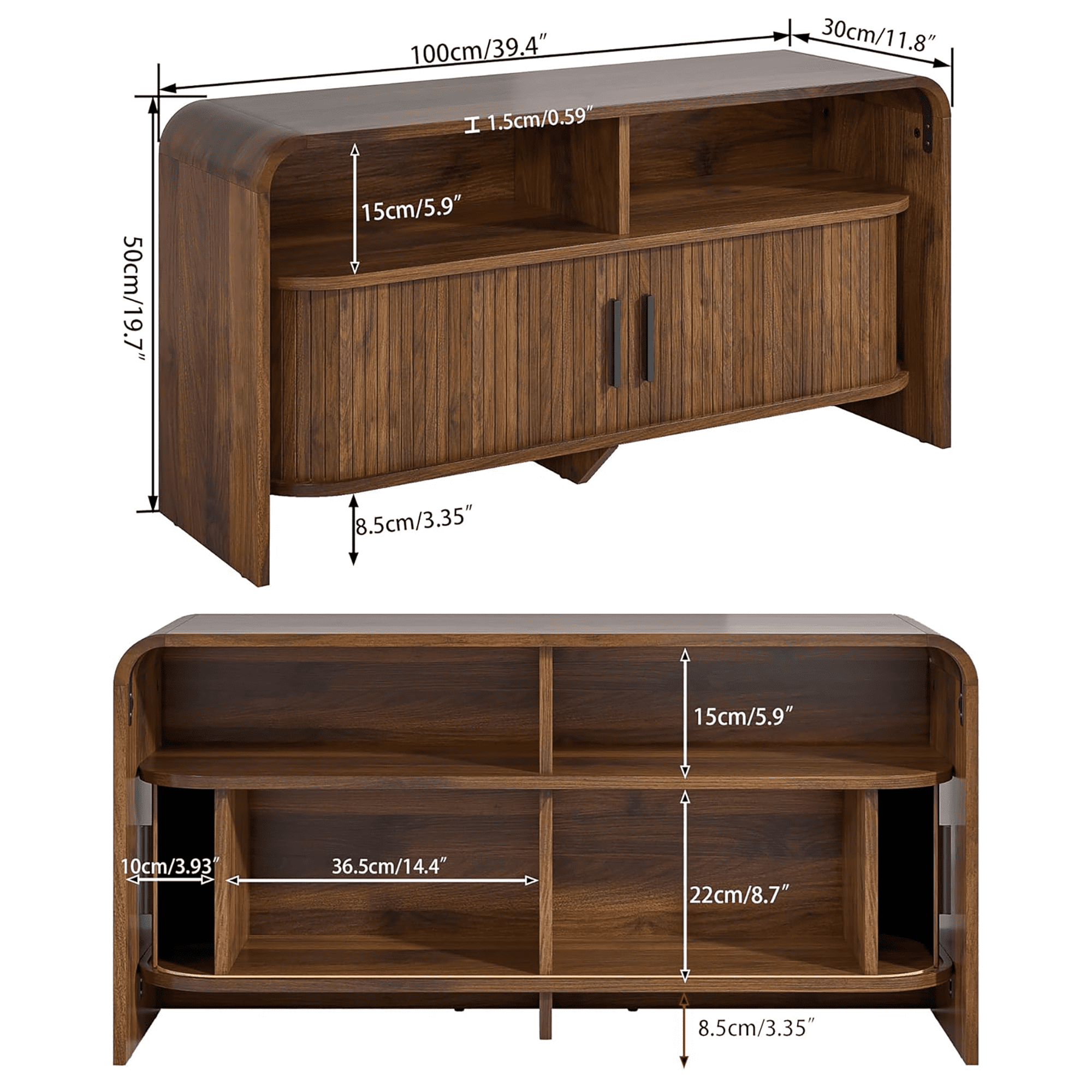 Mid Century Modern TV Stand for Bedroom, Small Fluted Entertainment Center for TVs up to 43 Inch, Media Console with Sliding Doors for Living Room, Walnut