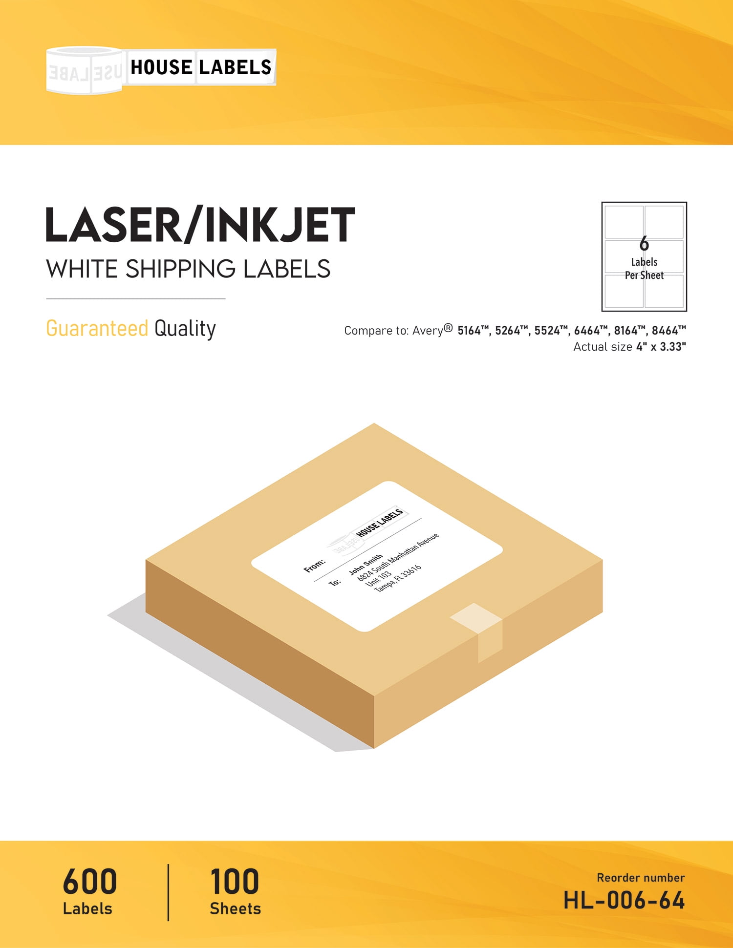 HOUSELABELS 6-up Shipping Labels (4" x 3-1/3") For Laser and Inkjet Printers, 200 Sheets