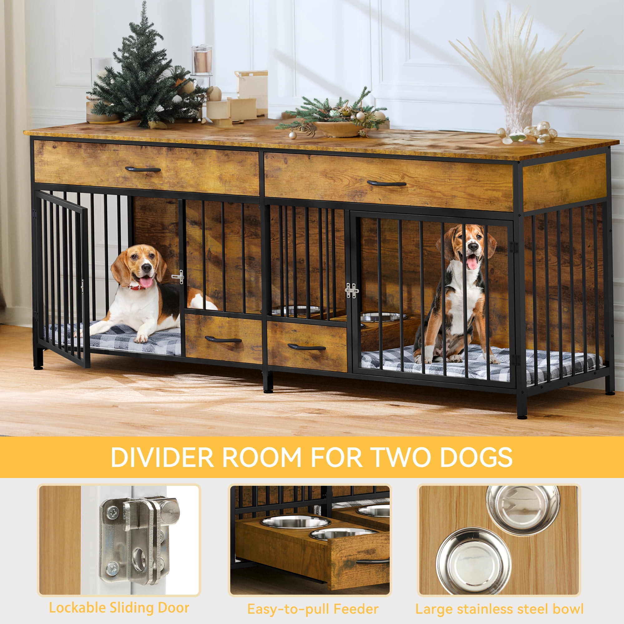 Dextrus Dog Crate Furniture TV Stand Large Breed with Dog Feeder, 74.8" Inch Wooden Decorative Dog Kennel Furniture Indoor Heavy Duty Dog Crate with Drawers, 2 Room Divider for 2 Medium Large Dogs