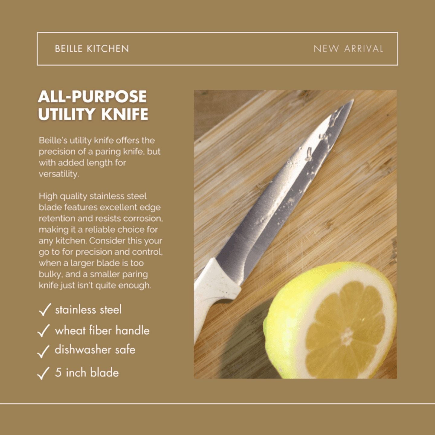 Beille 5 Inch All Purpose Utility Knife with Stainless Steel Blade and Wheat Fiber Handle, Kitchen Essentials