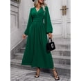 thumbnail image 3 of Women V-Neck Elegant Long Sleeve Pleated Elastic Dresses Casual Classic Side Slit Maxi Dress, 3 of 6