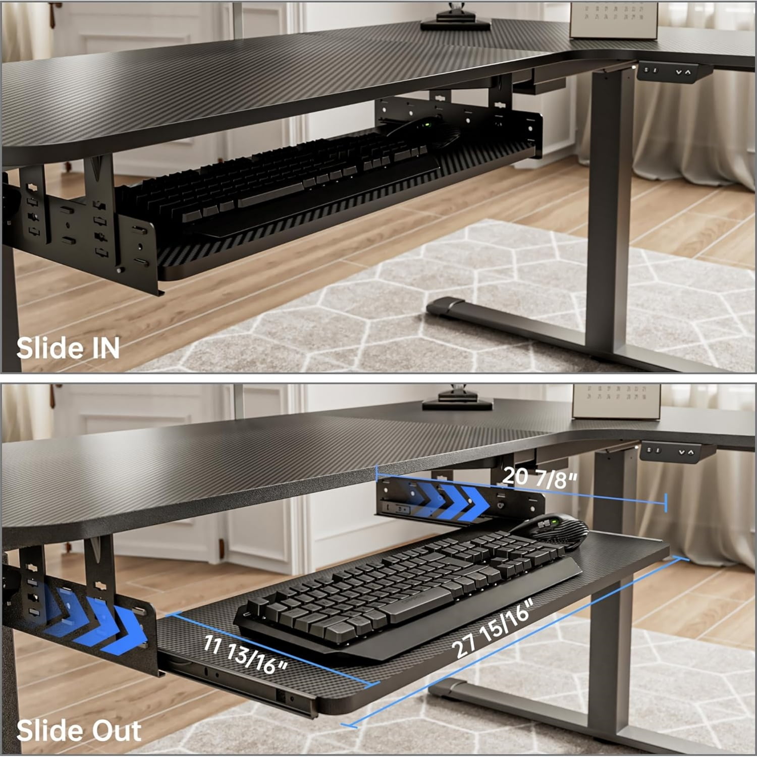 Adjustable Keyboard Tray Under Desk, 28x11 Inch Large Slide Out Keyboard & Mouse Platform Tray, Wooden Pull Out Computer Keyboard Drawer for Typing Home Office Desk, Black