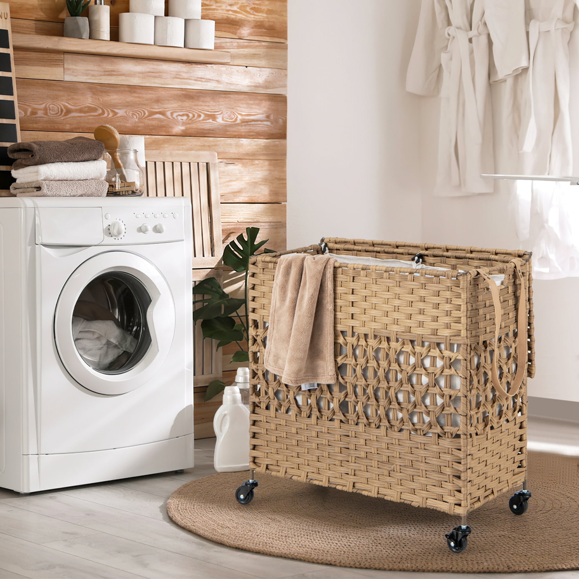 Costway 110L Laundry Hamper with Wheels Clothes Basket Lid & Handle & 2 Liner Bags Natural