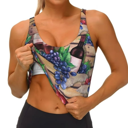 Qokaie Glasses Of Red Wine 1 Pattern Womens Scoop Neck Sports Bra Breathable Workout Vest Padded U Back Medium Impact Fitness Gym Yoga Bra Workout Crop Top