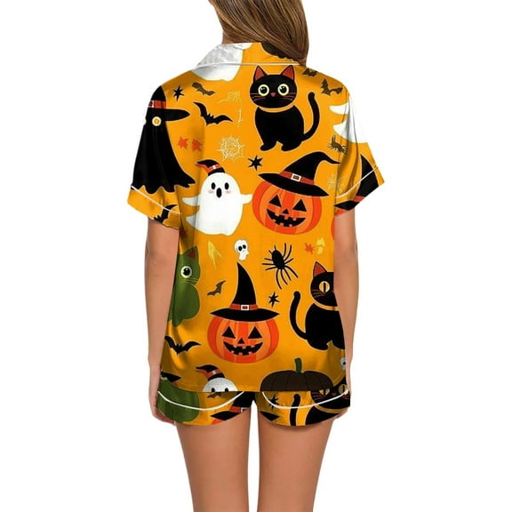 Ulitacool Womens Sexy Pajamas Halloween Lapel Pumpkin Print Sleepwear Top And Pants Jammies Short Sleeve Nightwear Autummn Winter Comfy Clothes L Orange