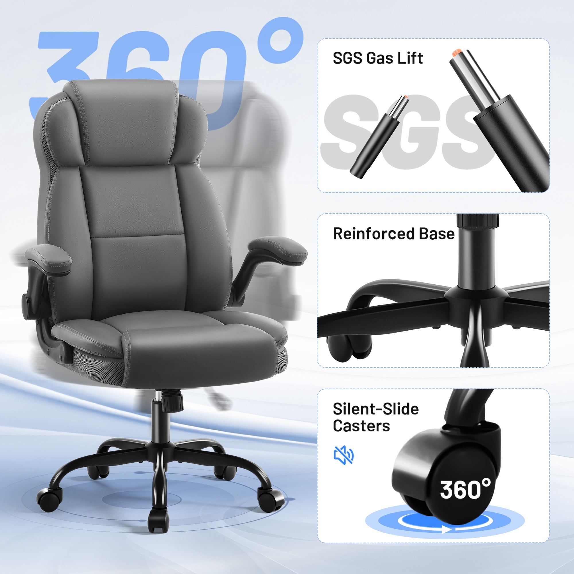 Dhole Ergonomic High-Back PU Leather Office Chair with 120° Recline & Flip-Up Arms - Home Office Desk Chair for Work, Study, Gaming, 300LBS Capacity (Gray)