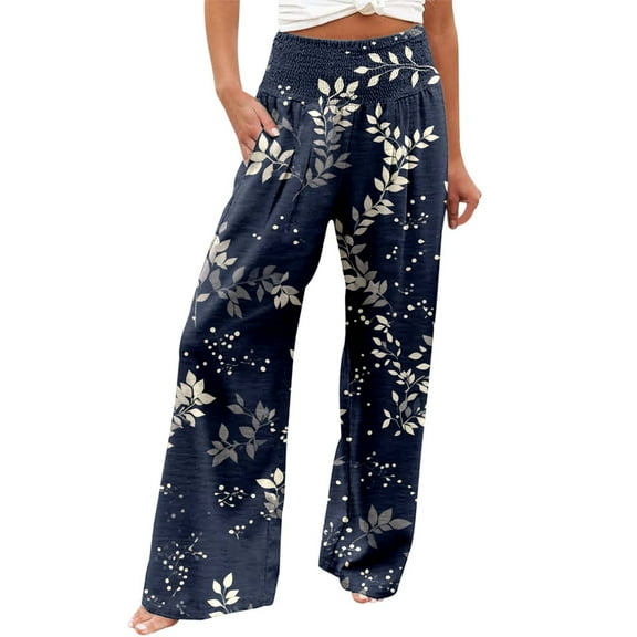 Fiaer Oversized Wide Leg Pants for Women Floral Printed High Waisted Trousers Casual Trendy Loose Fit Breathable Slacks with Pockets Navy1 XL