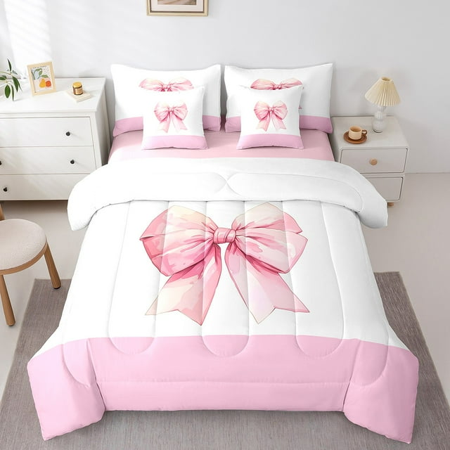 Erosebridal Literie Kawaii avec Nœud Taille Complète, Ensembles de Literie Roses Taille Complète, Décoration Style Princesse, Réversible 7 Pcs