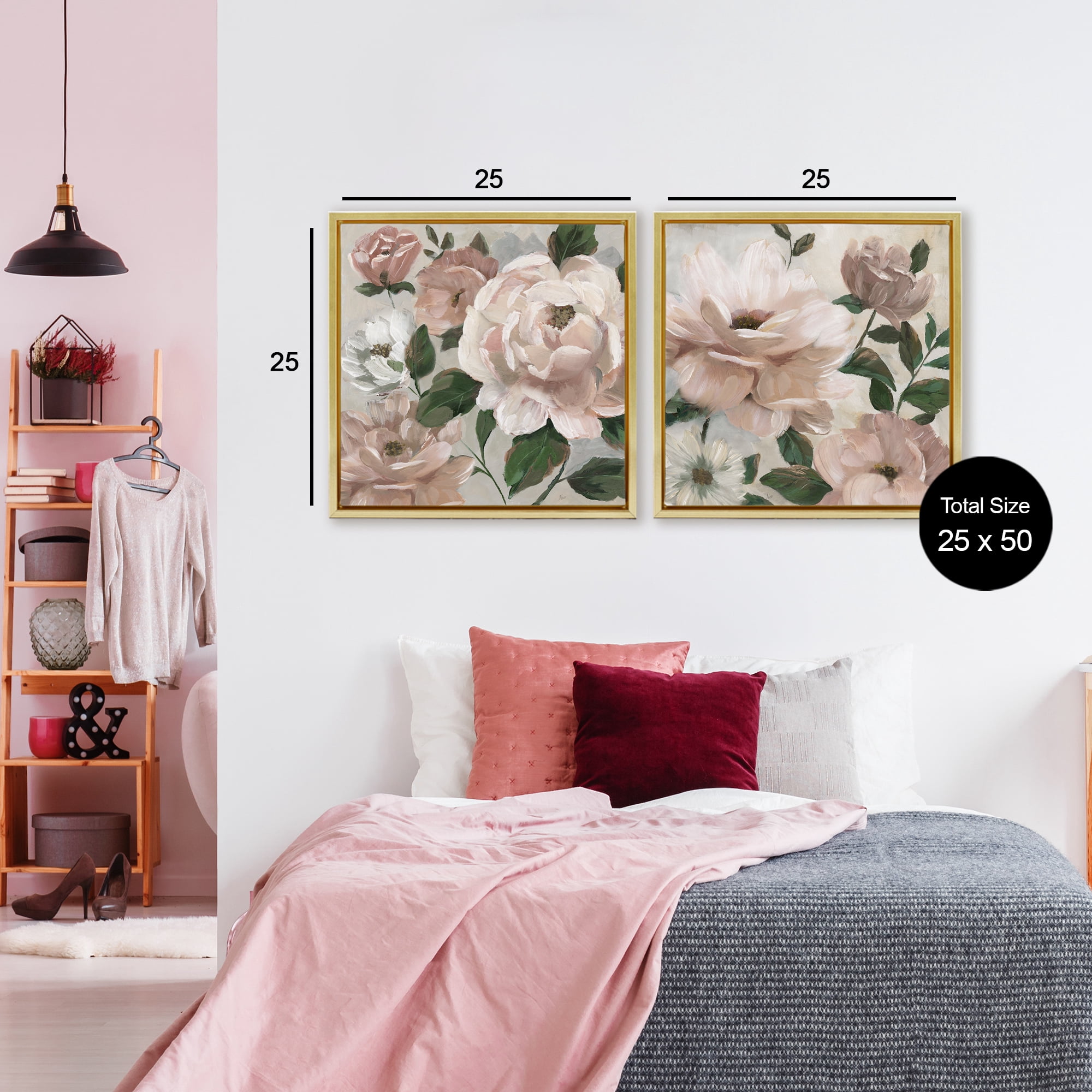 Stupell Industries Elegant Blush Peonies & Leaves 2 Piece Gold Framed Floater Canvas Set, design by Nan
