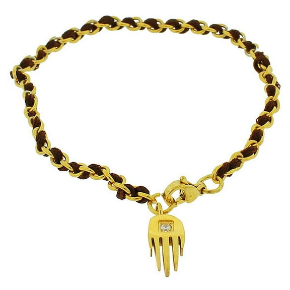 Stainless Steel Brown Cord White CZ Yellow Gold-Tone Hamsa Bracelet