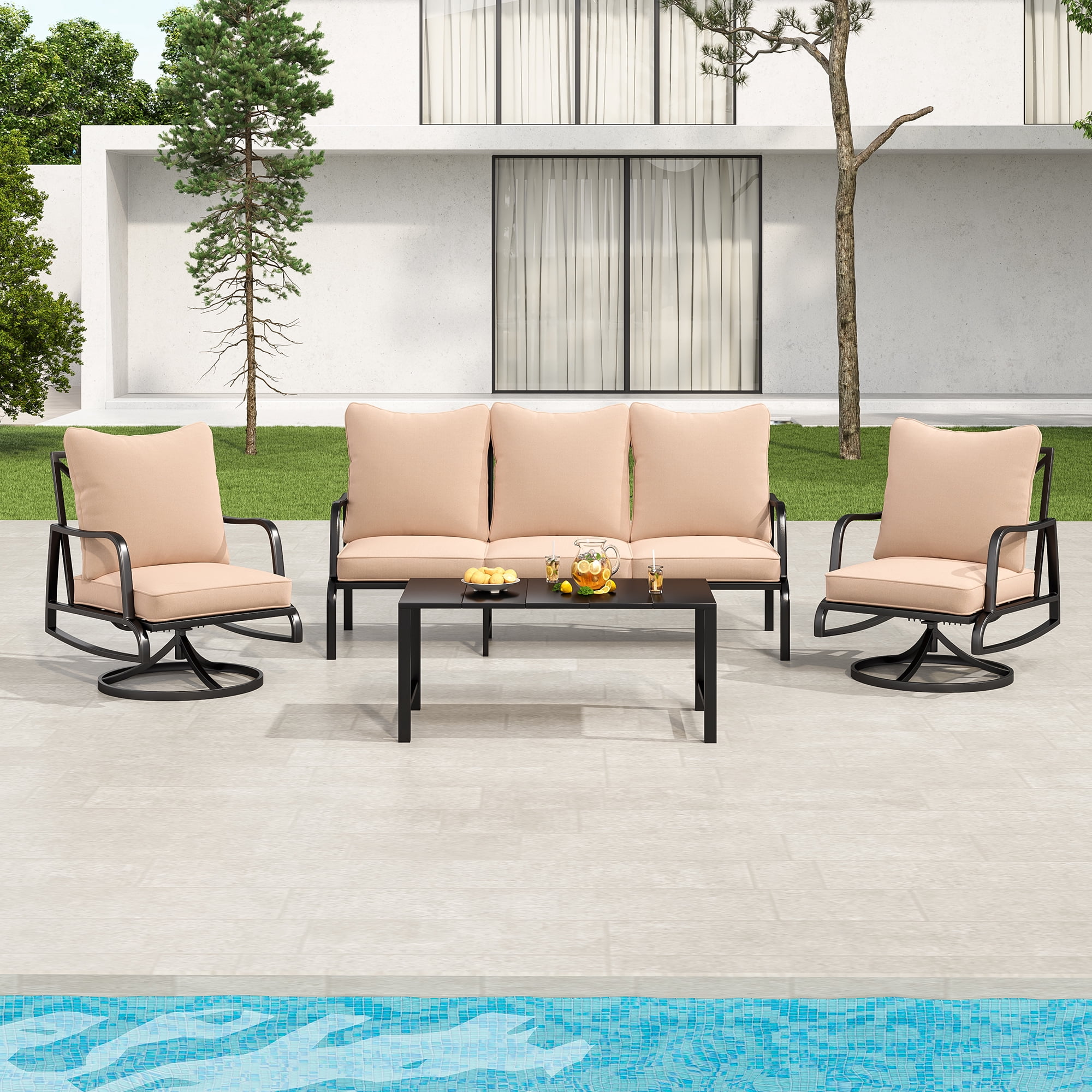 MAYEERTY 4-Piece Metal Frame Outdoor Patio Set with Swivel Chairs, Three-Seater Sofa, and Coffee Table