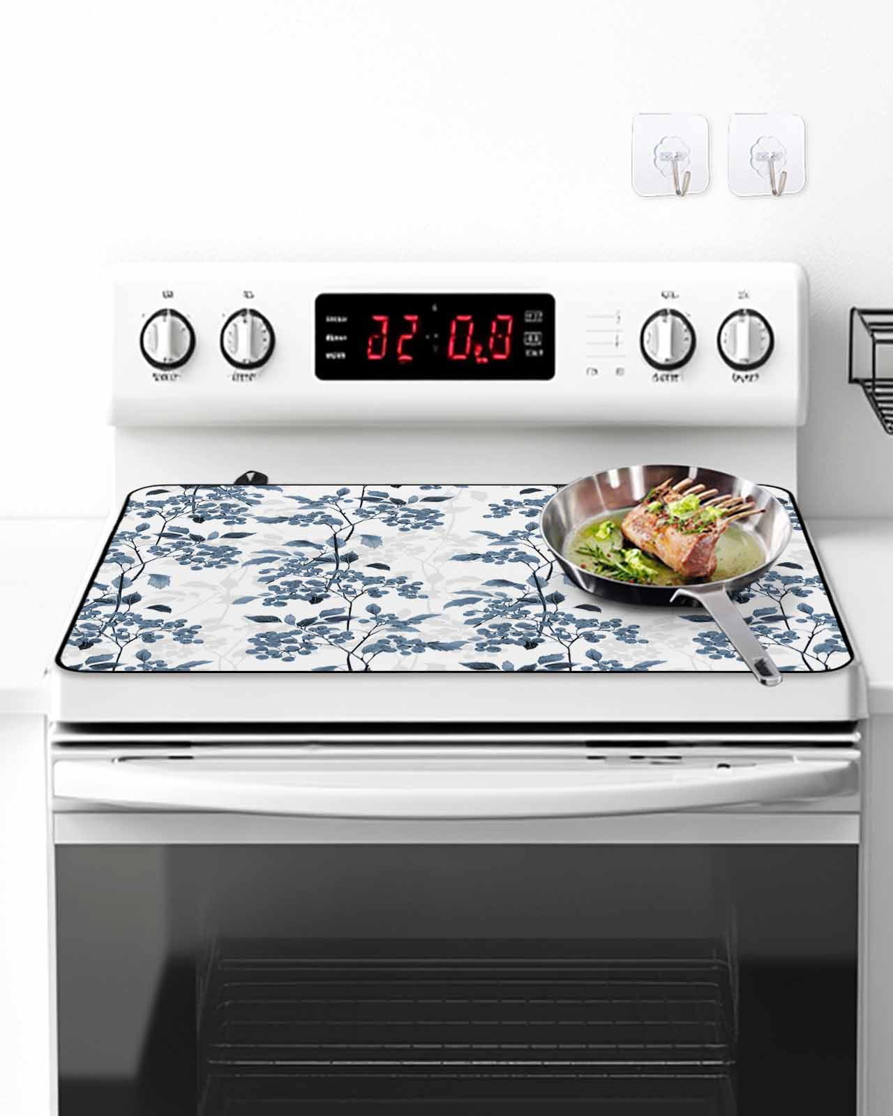 Stove Top Covers for Electric Stove, Blue Fruit Glass Stovetop Cover Protector, Vintage Plant Nature Botanical Flower Floral Induction Cooktop Protector Oven Mat for Kitchen Countertop 31"x24"
